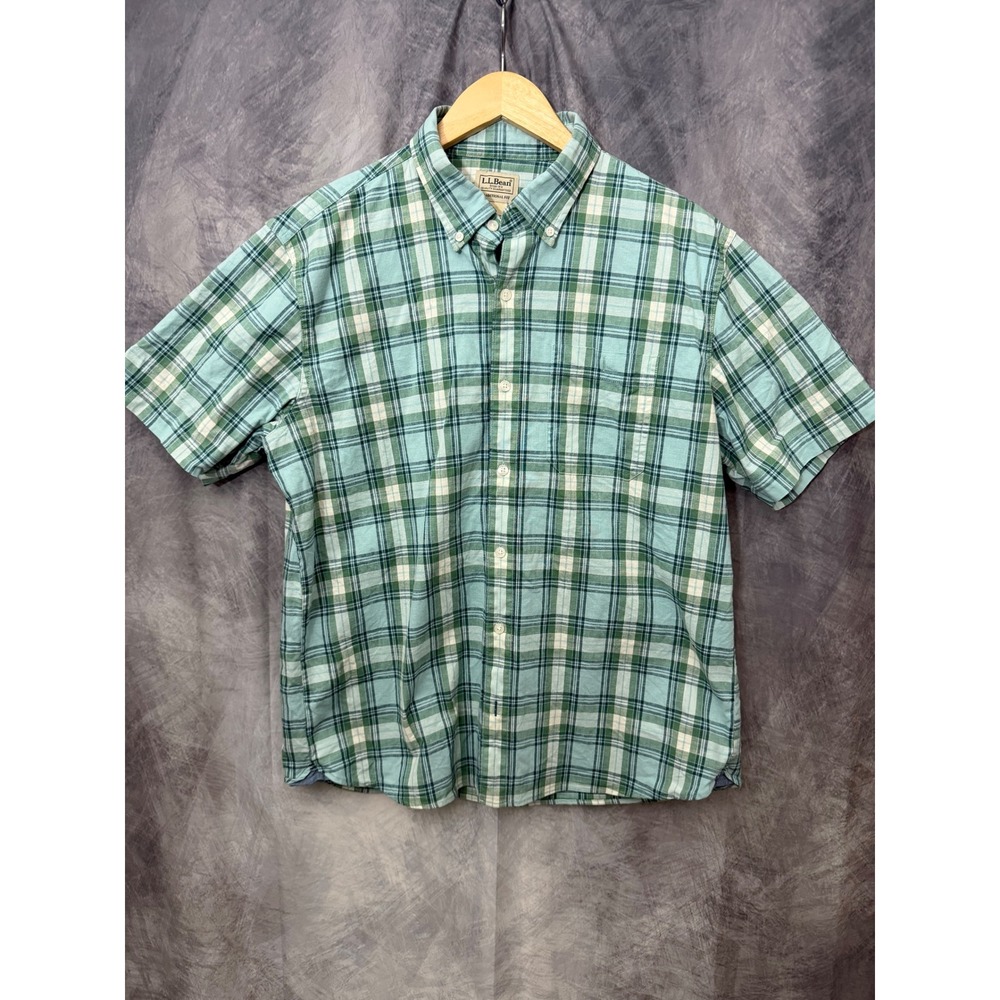LL Bean‎ Mens Plaid Short Sleeve Button Down Shirt Green Blue Traditional Fit M